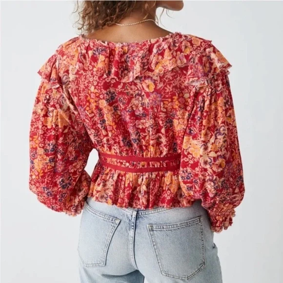 Free People Rudi Ruffle Top in Cherry Combo, Size Small - Picture 4 of 17